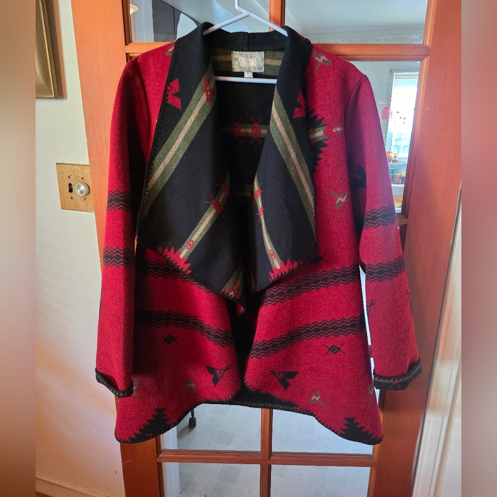 Silverado Wool Blend Red and Black Patterned Open Front Jacket Large NWOT